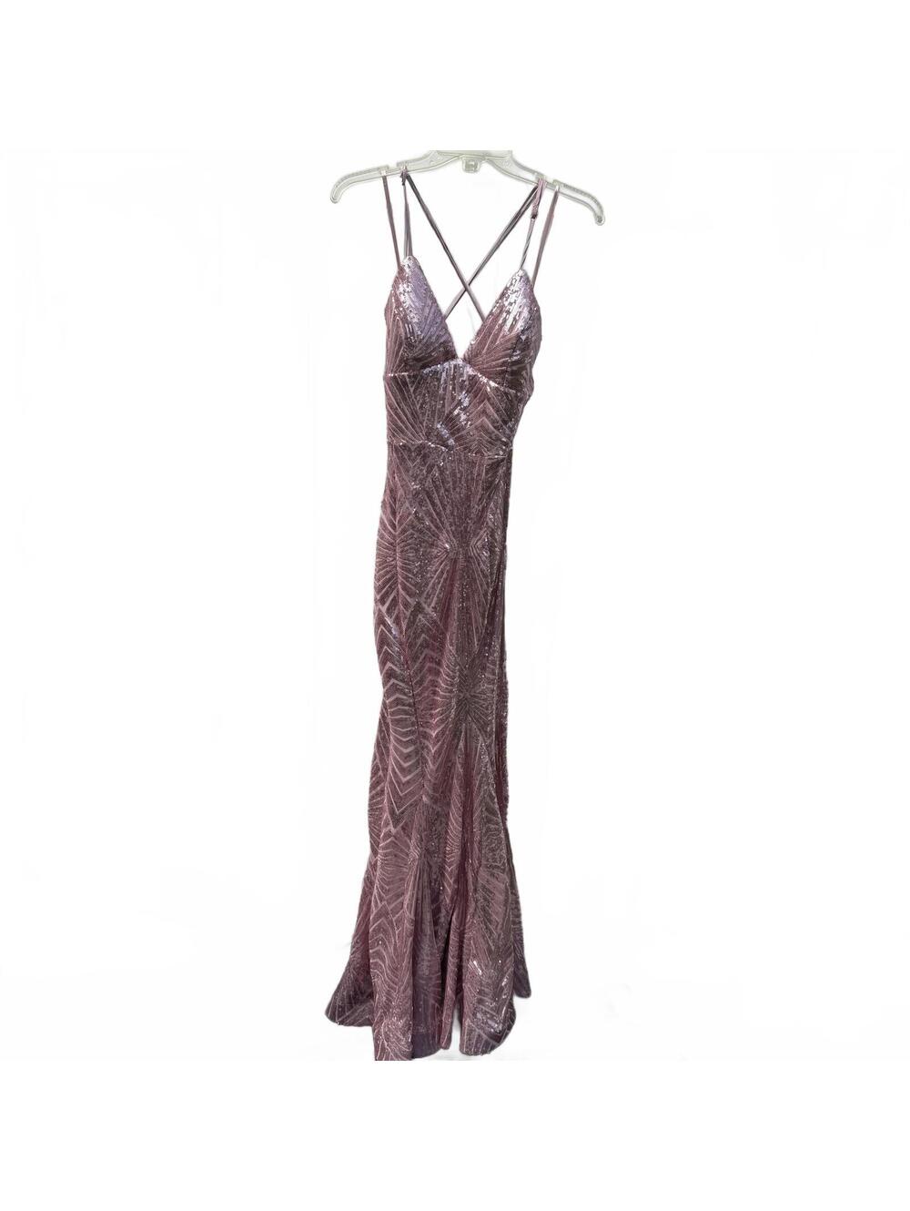 NWT Violet Weekend Pink Sequin Maxi Gown V-Neck Crisscross Back 7/8, Blush, Prom